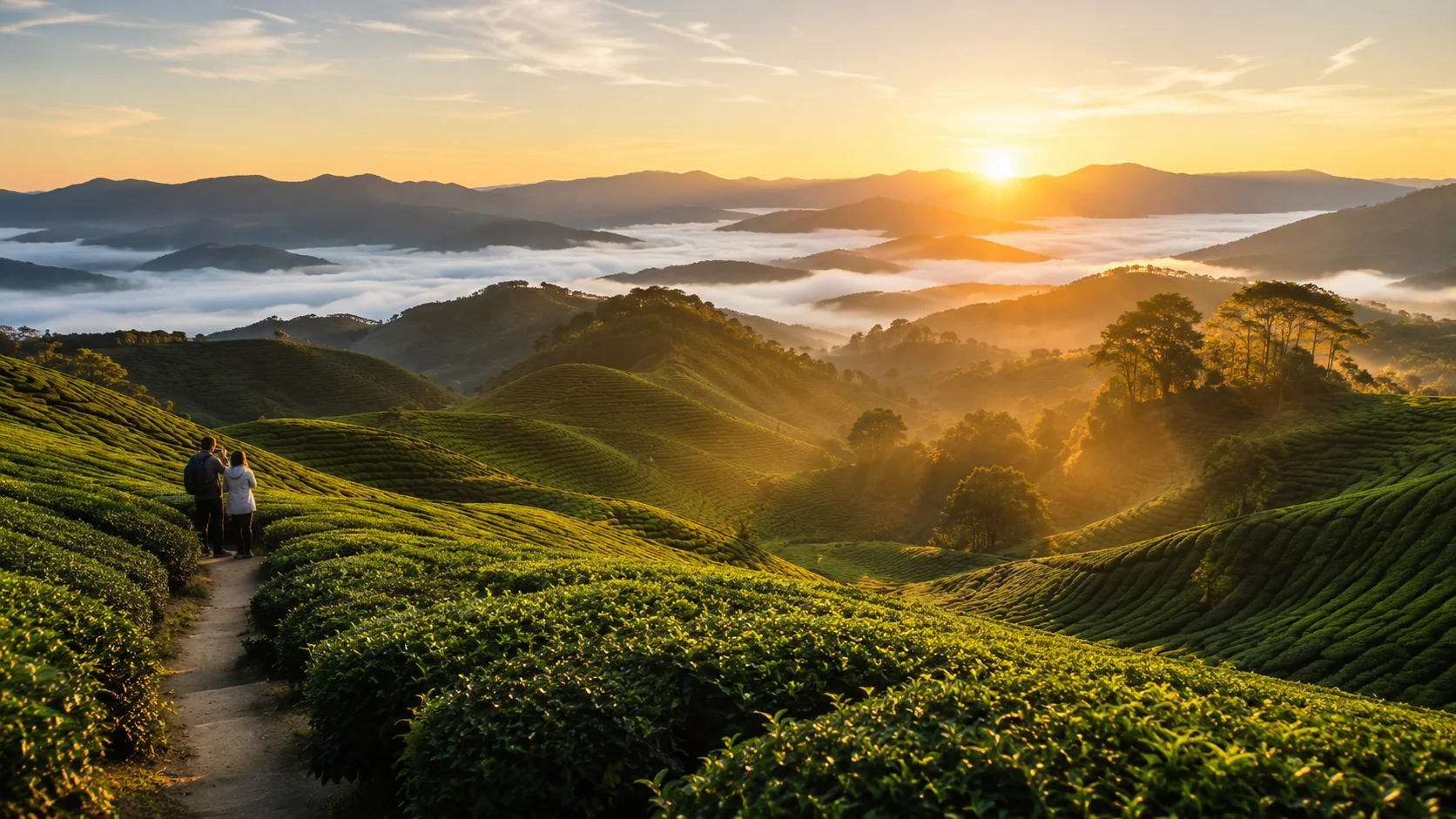 Sunrise over tea terraces in Cameron Highlands, Malaysia