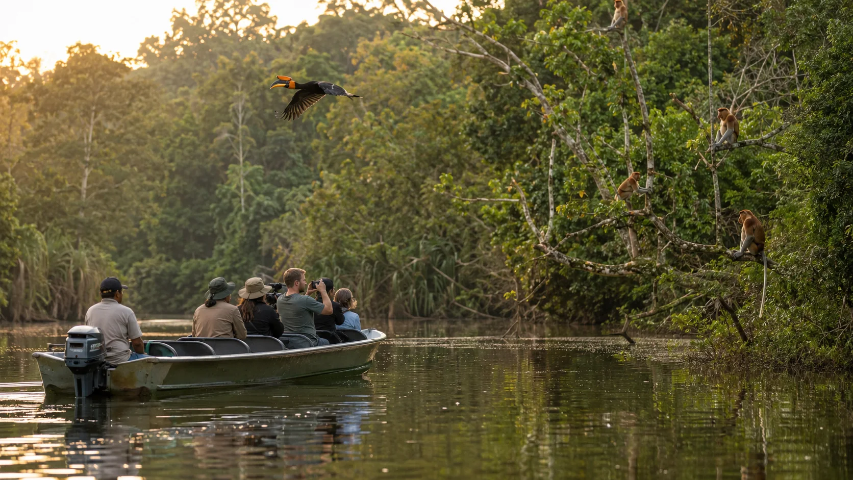 Kinabatangan River wildlife safari with travelers watching monkeys and hornbill
